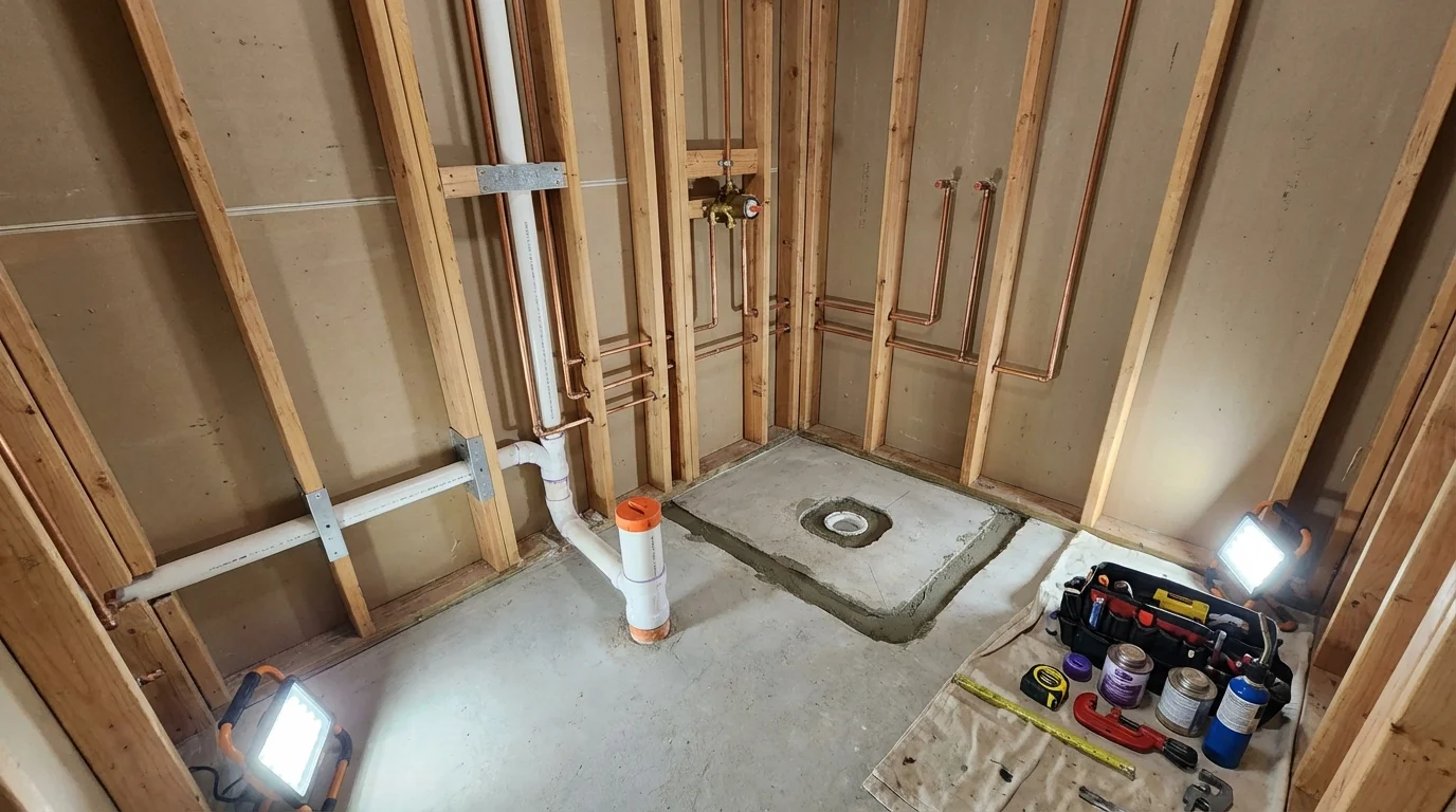 Bathroom rough-in plumbing during remodel by Johns Plumbing LLC in Lagrange