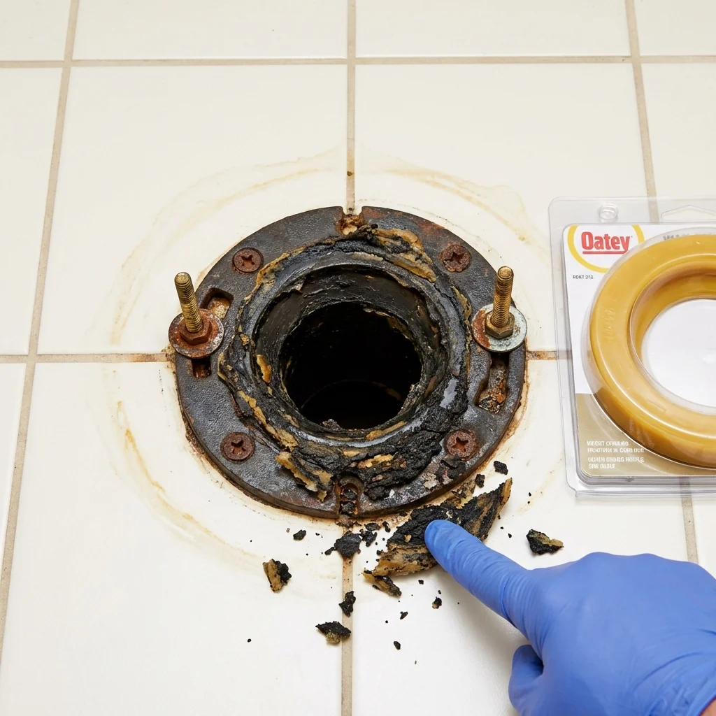 Failed wax ring showing water seepage at the base of a toilet in a Lagrange, OH home