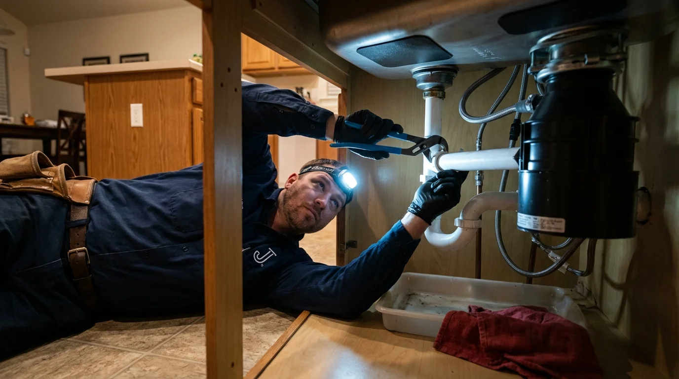 P-trap and supply line connections under a kitchen sink showing a common leak point in Lagrange, OH